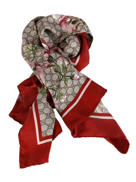 gucci gg blooms print silk scarf|Gucci scarf with fur trim.